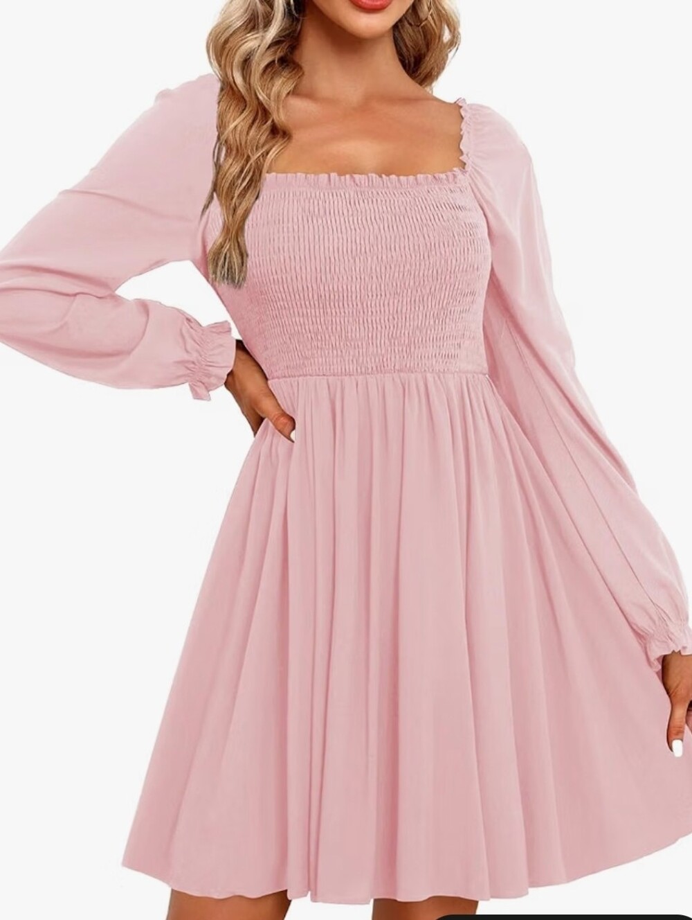 Women's Pink Long-Sleeve Smocked Dress